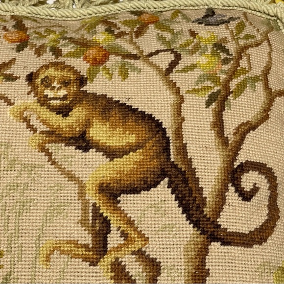 Handmade Needlepoint Monkeys Gold Velvet Back Tassel Fringe Zipper Pillow Cover - Picture 11 of 15
